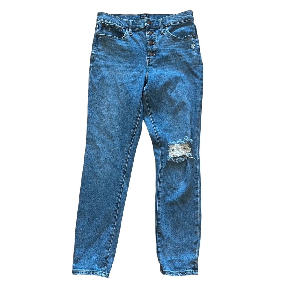 J.Crew 10 High-Rise Skinny Jeans Size 27 Button Fly Distressed Ripped Knee Blue